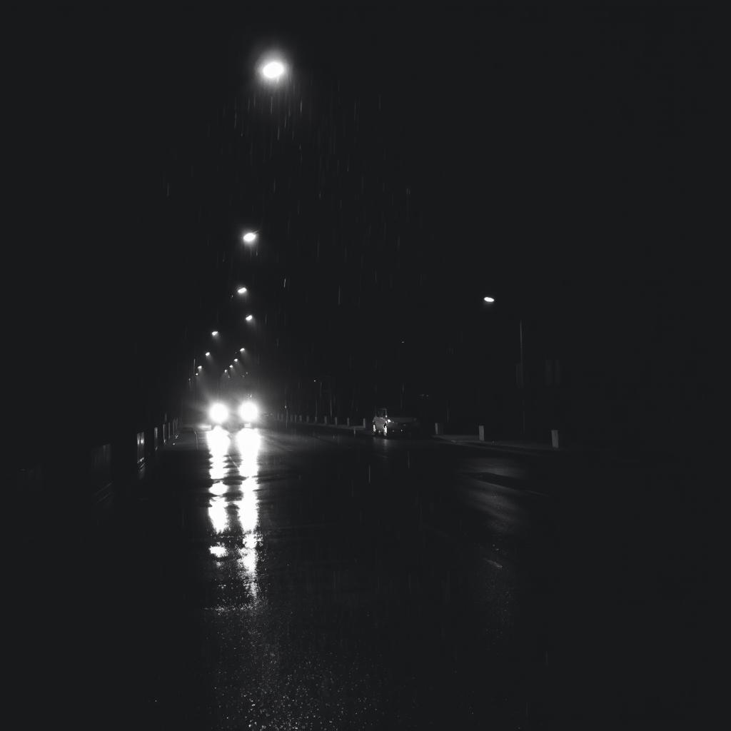 a dark and empty street, depicting rain falling illuminated by street lights, captured in a moody black and white image