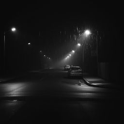 a dark and empty street, depicting rain falling illuminated by street lights, captured in a moody black and white image