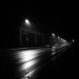 a dark and empty street, depicting rain falling illuminated by street lights, captured in a moody black and white image