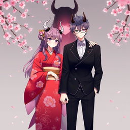 A male and female with horns standing together holding hands