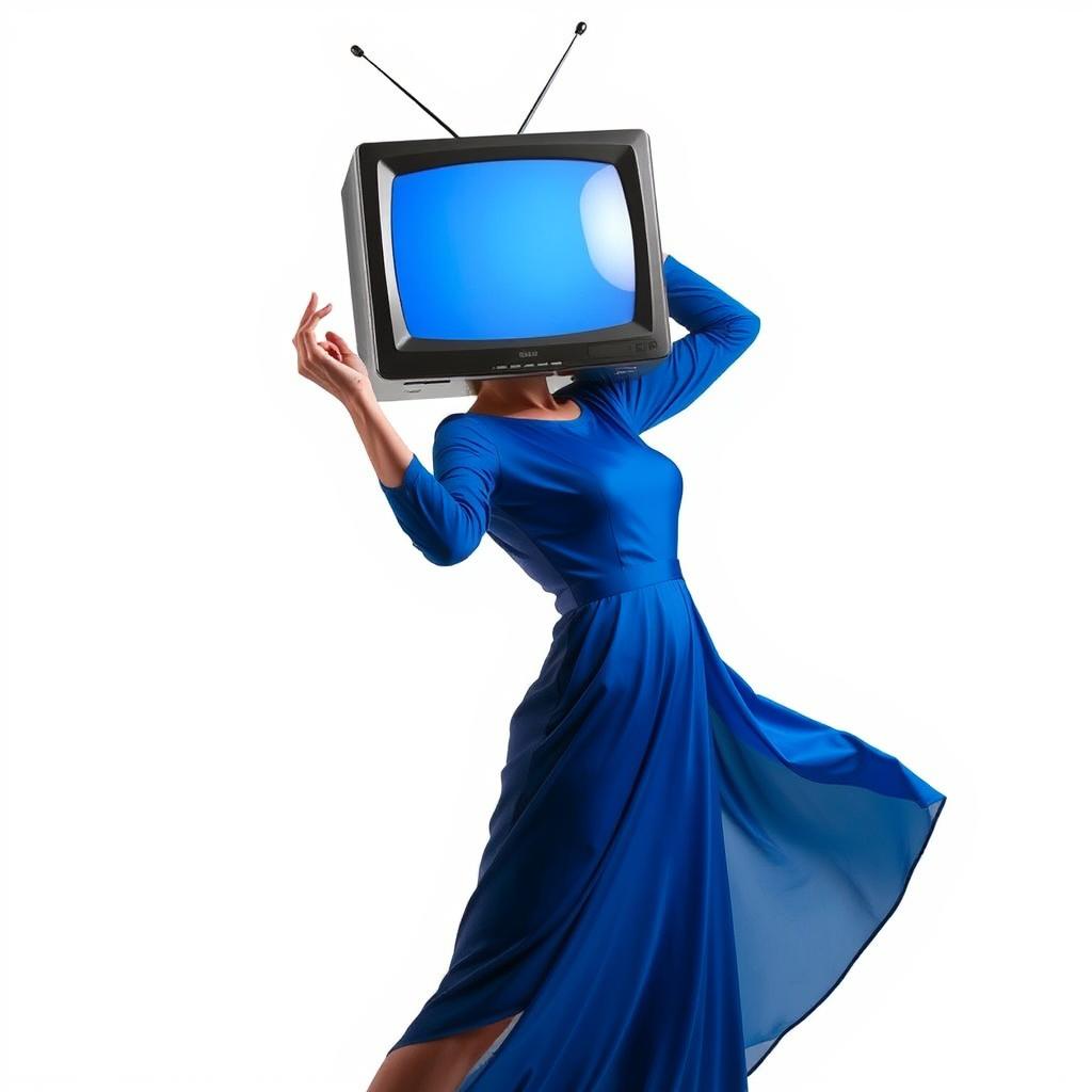 A full body view of a woman with a TV for a head, striking a pose like a professional model