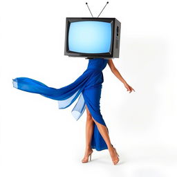 A full body view of a woman with a TV for a head, striking a pose like a professional model