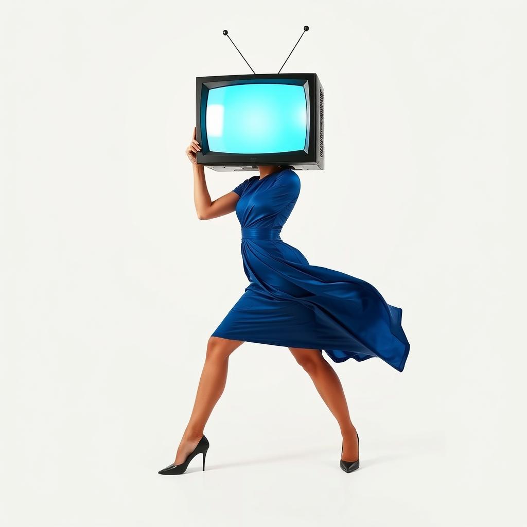 A full body view of a woman with a TV for a head, striking a pose like a professional model