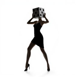 A full body view of a woman with a dice for a head, striking an elegant pose like a professional model