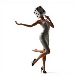 A full body view of a woman with a dice for a head, striking an elegant pose like a professional model