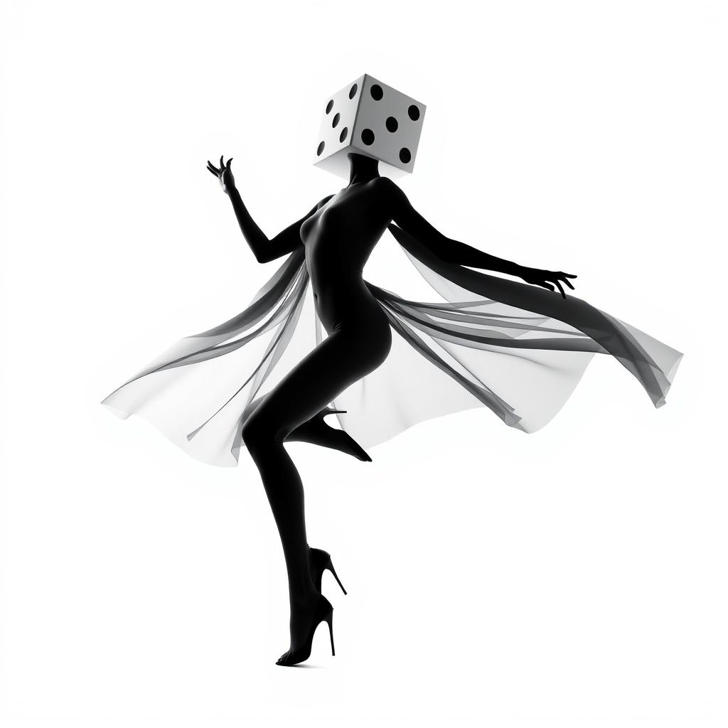 A full body view of a woman with a dice for a head, striking an elegant pose like a professional model