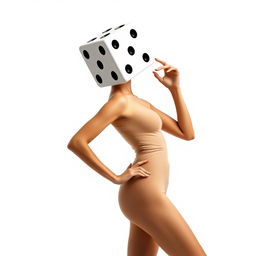 A full body view of a woman with a dice for a head, striking an elegant pose like a professional model