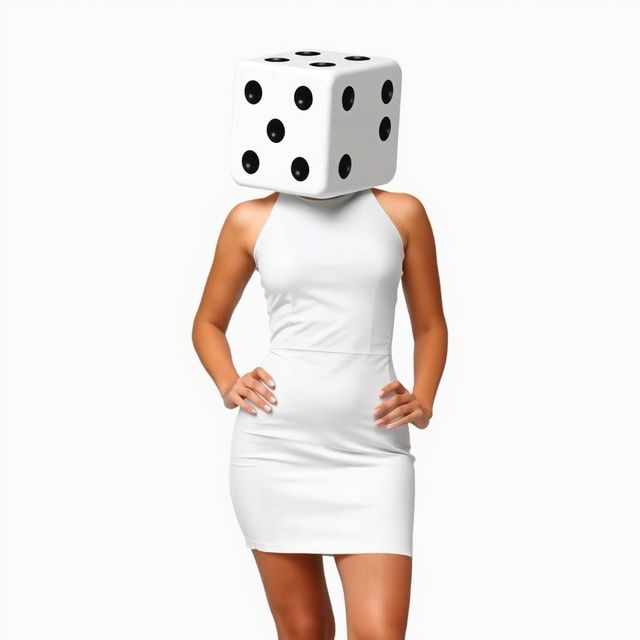 A full body view of a woman with a dice for a head, standing elegantly against a plain white background