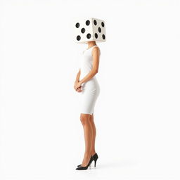 A full body view of a woman with a dice for a head, standing elegantly against a plain white background