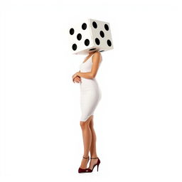 A full body view of a woman with a dice for a head, standing elegantly against a plain white background