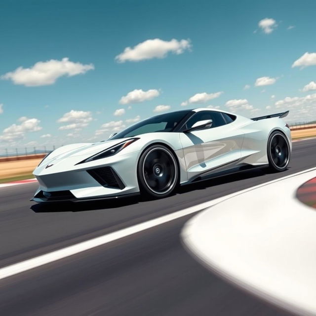 A futuristic and sleek EV sedan inspired by the design of the Corvette C8, featuring four doors and capturing the essence of speed on a race track