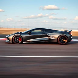 A futuristic and sleek EV sedan inspired by the design of the Corvette C8, featuring four doors and capturing the essence of speed on a race track