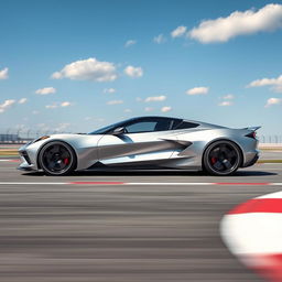 A futuristic and sleek EV sedan inspired by the design of the Corvette C8, featuring four doors and capturing the essence of speed on a race track