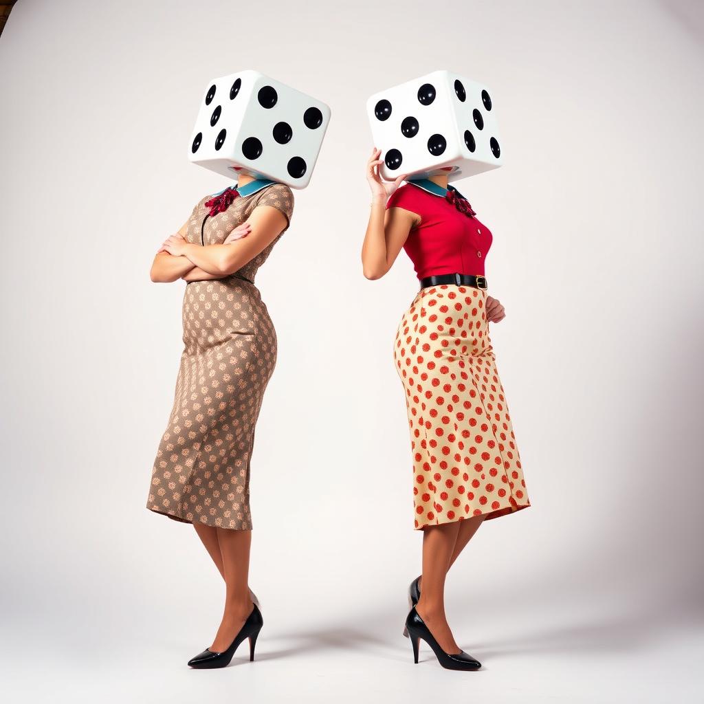 A full body view of two retro-styled ladies, each with a dice for a head