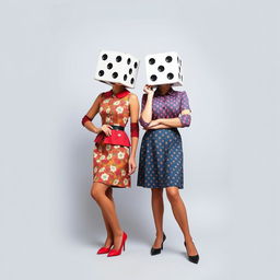 A full body view of two retro-styled ladies, each with a dice for a head