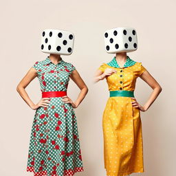 A full body view of two retro-styled ladies, each with a dice for a head