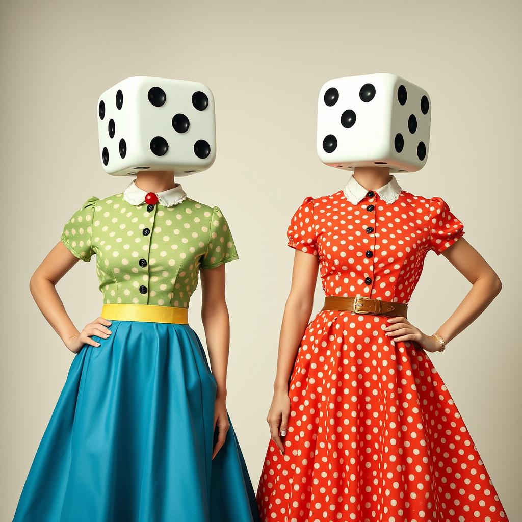 A full body view of two retro-styled ladies, each with a dice for a head