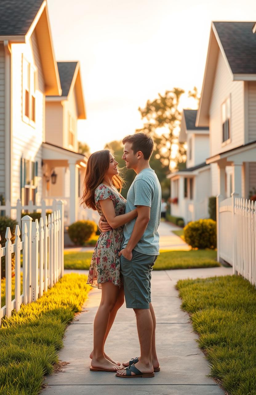 A romantic scene depicting two teenage neighbors falling in love, standing in front of their suburban houses