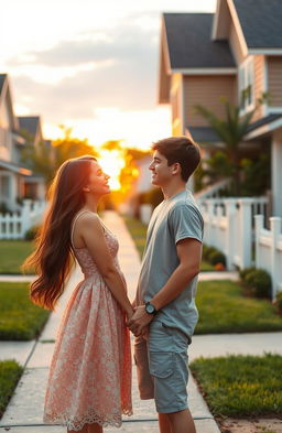 A romantic scene depicting two teenage neighbors falling in love, standing in front of their suburban houses