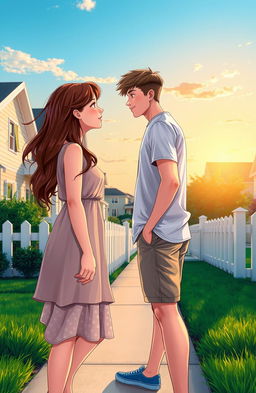 A romantic scene depicting two teenage neighbors falling in love, standing in front of their suburban houses