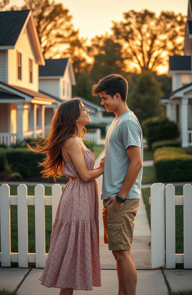 A romantic scene depicting two teenage neighbors falling in love, standing in front of their suburban houses