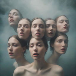 A surreal scene featuring multiple faces with different expressions, floating in an ethereal space