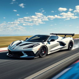 A high-performance sports car that blends the iconic features of both the Corvette C8 and the C7 ZR1, driving with precision and speed on a race track