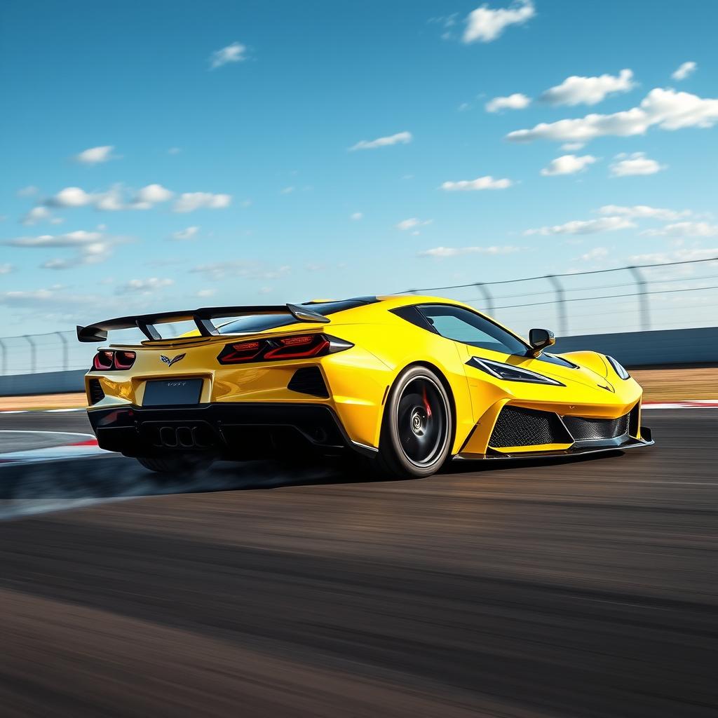 A high-performance sports car that blends the iconic features of both the Corvette C8 and the C7 ZR1, driving with precision and speed on a race track