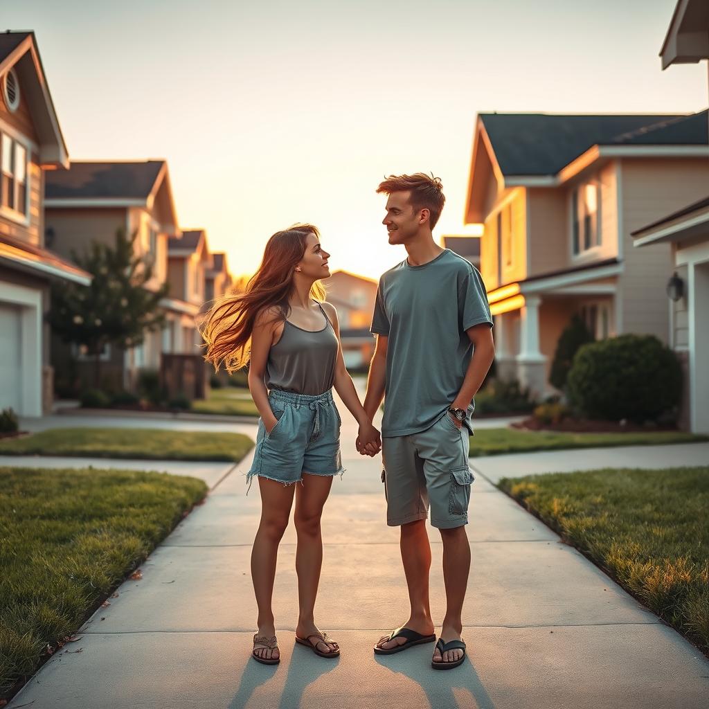 A heartwarming scene depicting two teenage neighbors falling in love, standing in their driveways in front of suburban houses