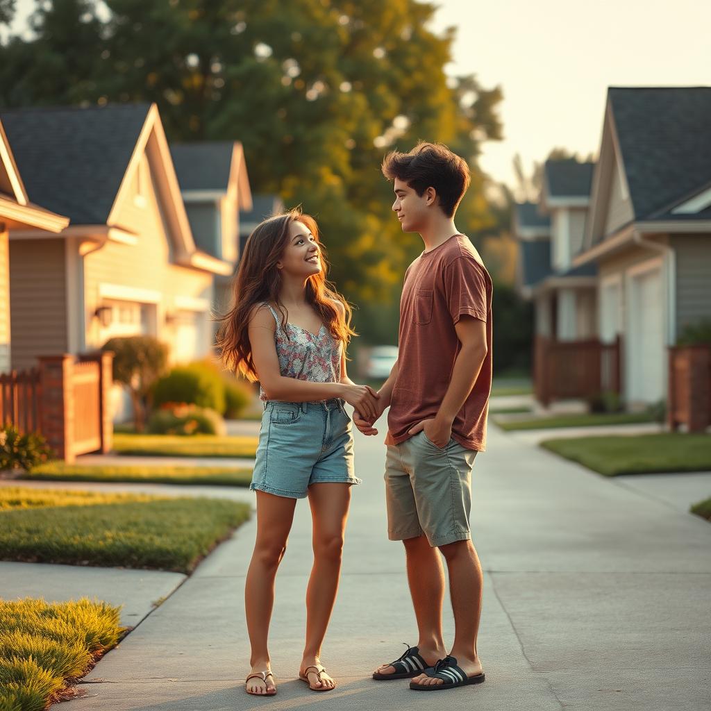 A heartwarming scene depicting two teenage neighbors falling in love, standing in their driveways in front of suburban houses