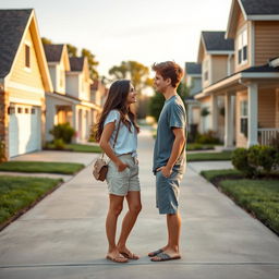 A heartwarming scene depicting two teenage neighbors falling in love, standing in their driveways in front of suburban houses