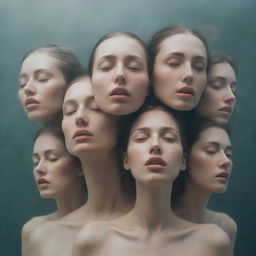 A surreal scene featuring multiple faces with different expressions, floating in an ethereal space