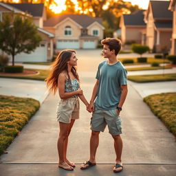 A heartwarming scene depicting two teenage neighbors falling in love, standing in their driveways in front of suburban houses