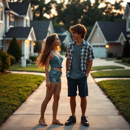 A romantic scene depicting two teenage neighbors falling in love, standing in their driveways in front of suburban houses