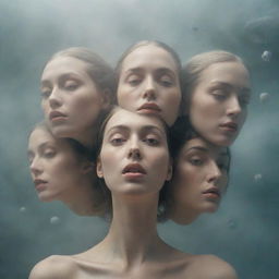 A surreal scene featuring multiple faces with different expressions, floating in an ethereal space