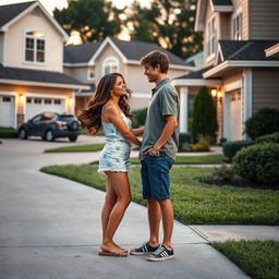 A romantic scene depicting two teenage neighbors falling in love, standing in their driveways in front of suburban houses