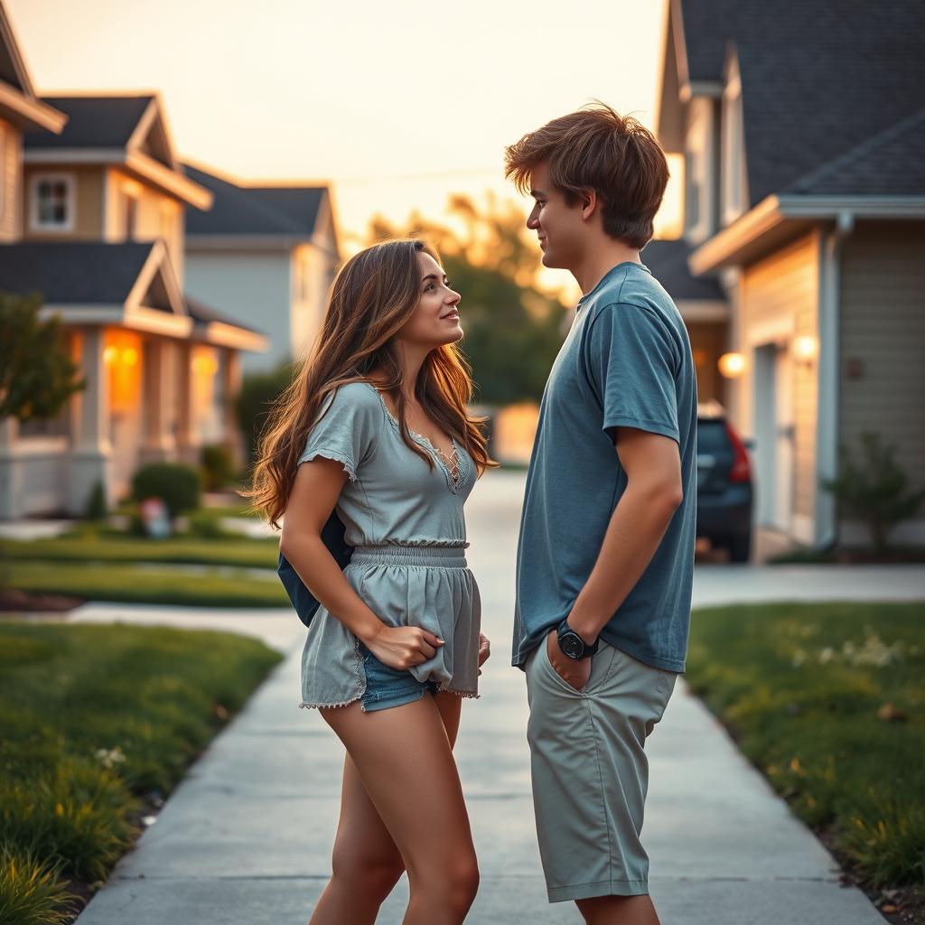 A romantic scene depicting two teenage neighbors falling in love, standing in their driveways in front of suburban houses