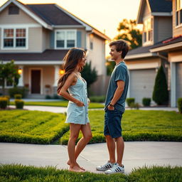 A romantic scene depicting two teenage neighbors falling in love, standing in their driveways in front of suburban houses