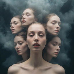 A surreal scene featuring multiple faces with different expressions, floating in an ethereal space