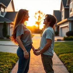 A romantic scene portraying two teenage neighbors falling in love, standing in their driveways in front of suburban houses