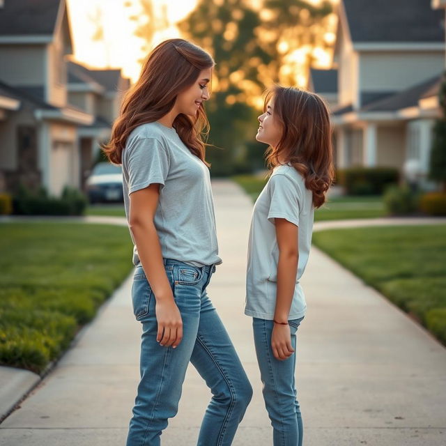 A romantic scene portraying two teenage neighbors falling in love, standing in their driveways in front of suburban houses