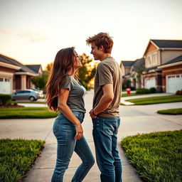 A romantic scene portraying two teenage neighbors falling in love, standing in their driveways in front of suburban houses