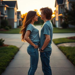 A romantic scene portraying two teenage neighbors falling in love, standing in their driveways in front of suburban houses