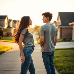 A romantic scene depicting two teenage neighbors falling in love, standing in their driveways in front of suburban houses