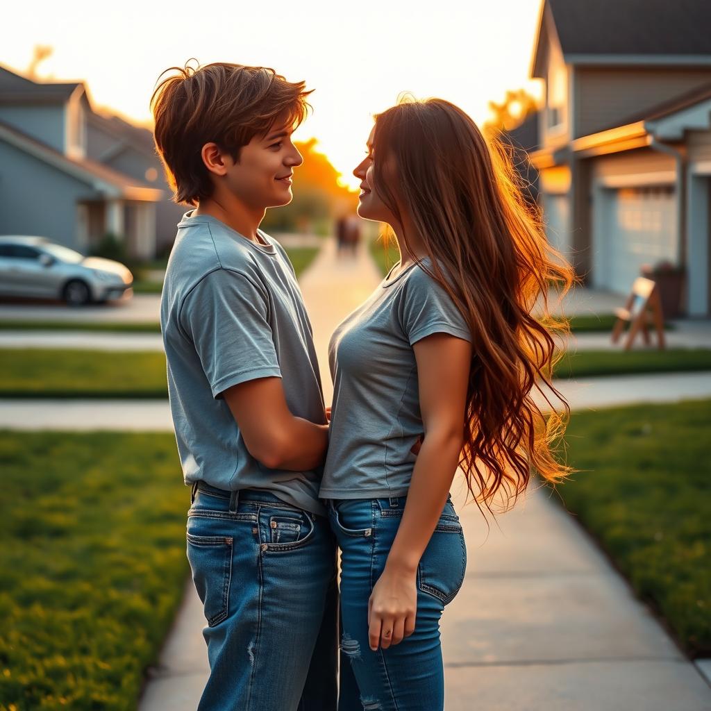 A romantic scene depicting two teenage neighbors falling in love, standing in their driveways in front of suburban houses