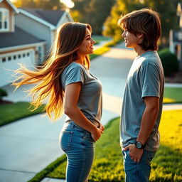 A romantic scene depicting two teenage neighbors falling in love, standing in their driveways in front of suburban houses