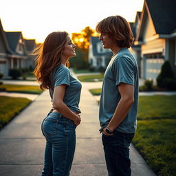 A romantic scene depicting two teenage neighbors falling in love, standing in their driveways in front of suburban houses