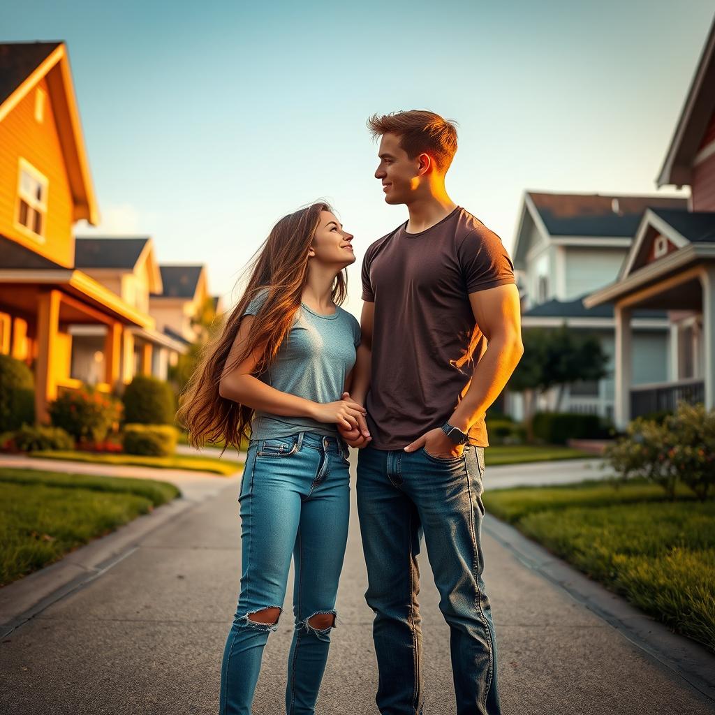 A heartwarming scene depicting two teenage neighbors falling in love, standing in their driveways in front of charming suburban houses