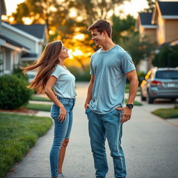 A heartwarming scene depicting two teenage neighbors falling in love, standing in their driveways in front of charming suburban houses