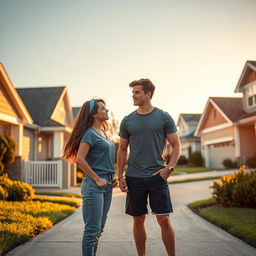 A heartwarming scene depicting two teenage neighbors falling in love, standing in their driveways in front of charming suburban houses